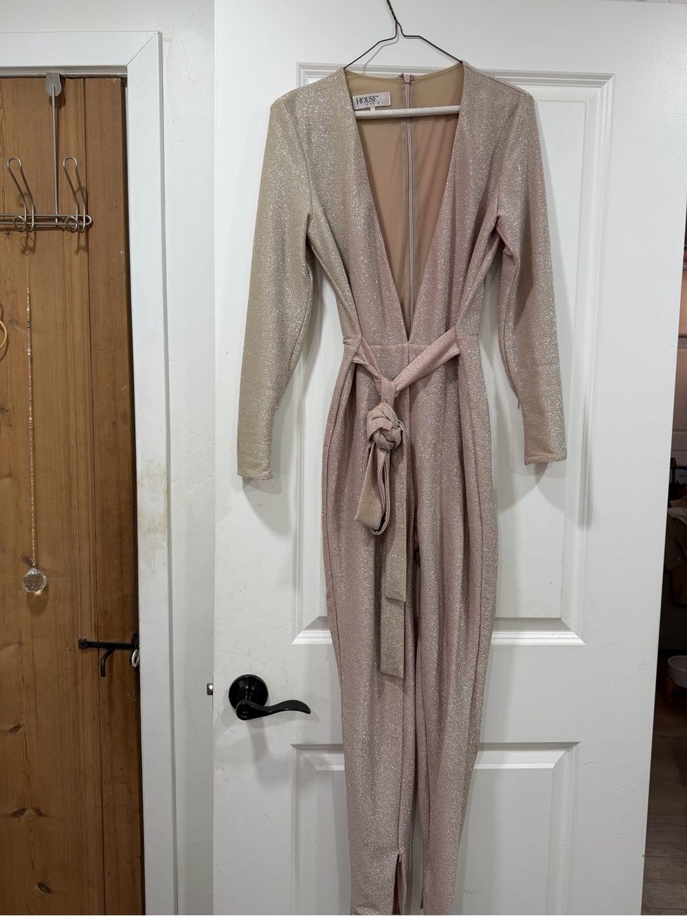 House of CB Sparkle Blush Plunging Long-Sleeve Jumpsuit